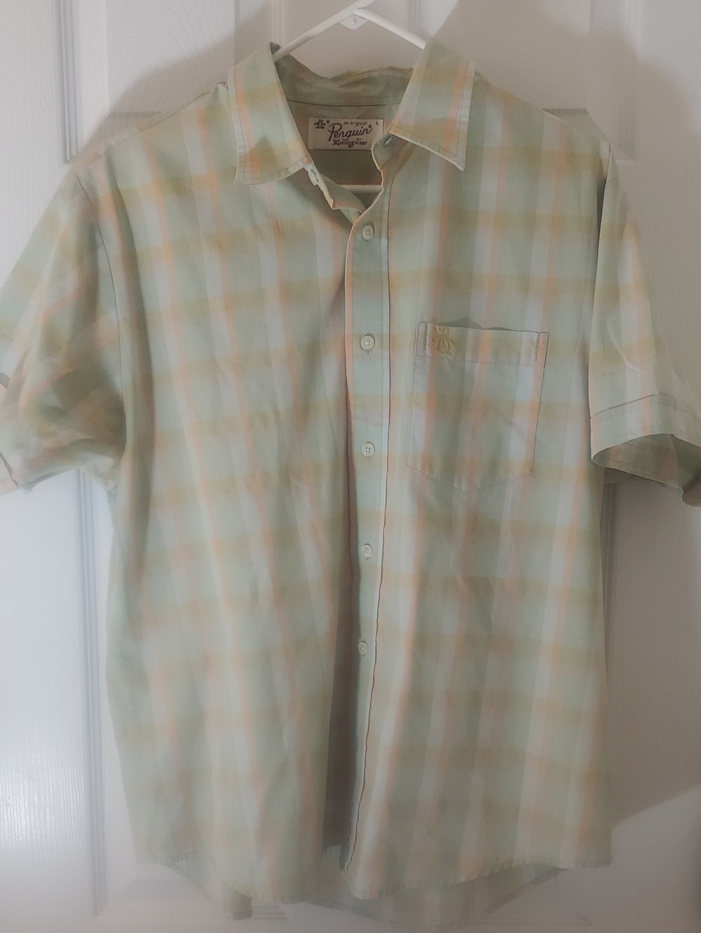 Original Penguin Pastel Green and Peach Plaid Short-Sleeve Button-Down Large